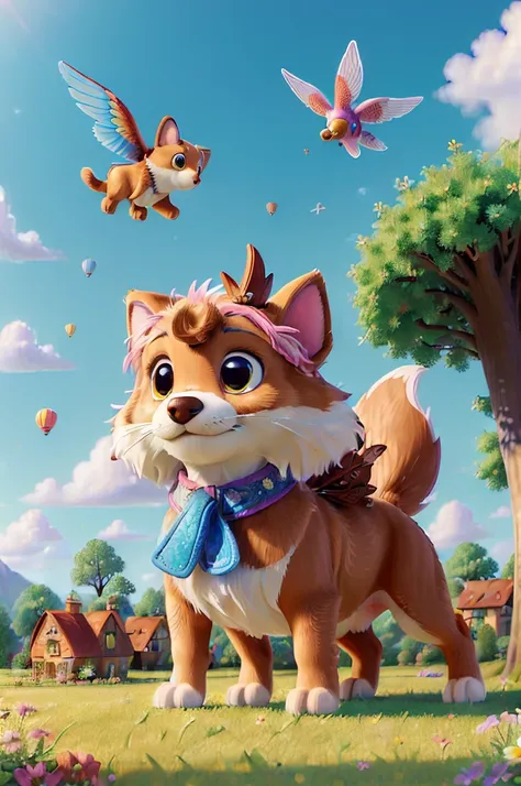 (((best quality))),(((ultra detailed))),(((masterpiece))),illustration,(1 flying puppy,solo),(flying in the sky:1.3),whimsical world,pastel colors,fluffy tail,lush fur,sparkling fur,long floppy ears,intricate wing patterns,shimmering sparkles,patchwork qui...