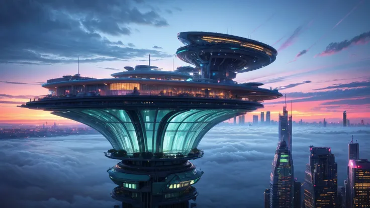 (Best quality,4K,8K,A high resolution,Masterpiece:1.2),Ultra-detailed,(Realistic,Photorealistic,photo-realistic:1.37),Futuristic floating city,Futuristic technology,Huge urban high-tech tablet platform,Airship,Floating in the sky,Futuristic city,Small airs...