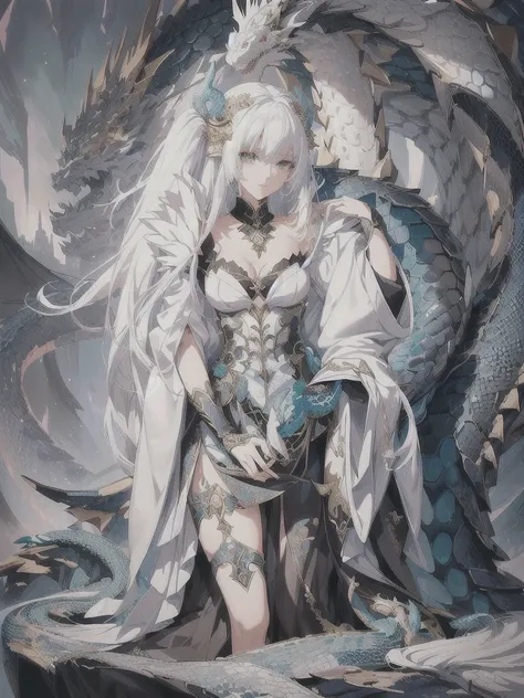 anime girl with a dragon and snake on her shoulder, queen of dragons, white haired deity, dragon girl, anime fantasy illustration, loong, detailed anime art, detailed anime artwork, detailed digital anime art, detailed anime character art, anime fantasy ar...