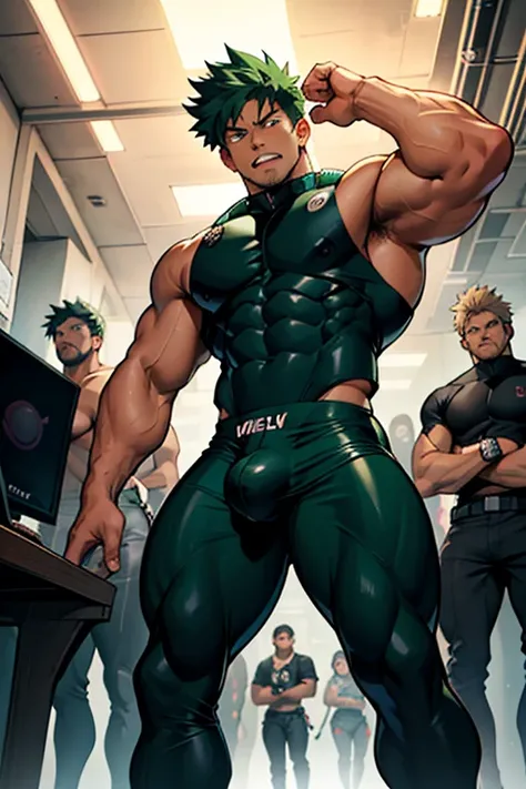 Midoriya, Bakugou, and Kirishima from My Hero Academia as a hyper muscular brainwashed thugs standing in line with other brainwashed thugs wearing identical full body black shiny rubber latex pants and vests staring blankly ahead with vapid expression at a...