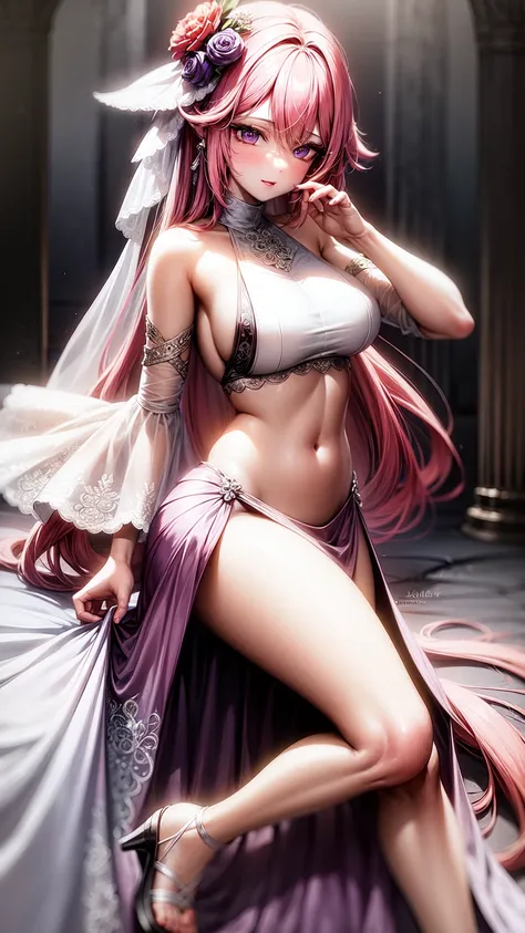 purple eyes,Wedding dress,long skirt,crop top,pink hair