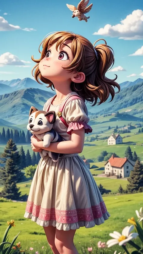 Cute puppy flying over a beautiful countryside landscape、girl looking up at it