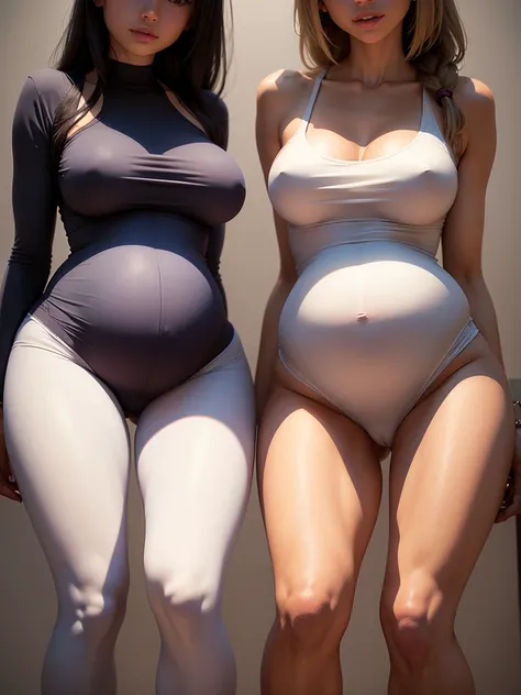 Two pregnant very skinny girls in bodysuits with a gap between their legs