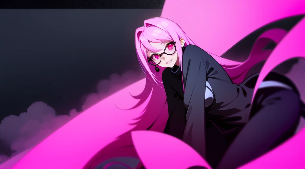 Smiling girl with long pink hair and black prescription glasses pink eyes black outfit cyberpunk scenery