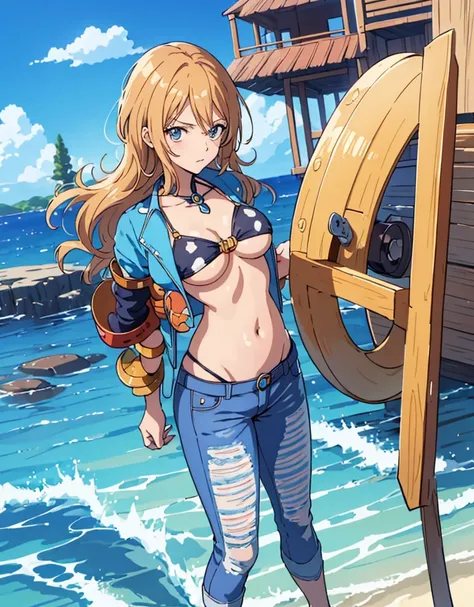 (masterpiece, Highest quality),Browsing Caution,Cartoon photo of a woman in a bikini top and jeans, Anime Drawings, Self-sastructing art, Enchanting anime girl, Nami One Piece:1.7, Biomechanical , Nami from One Piece:1.9, 3dcg, I also make fan art, top rat...