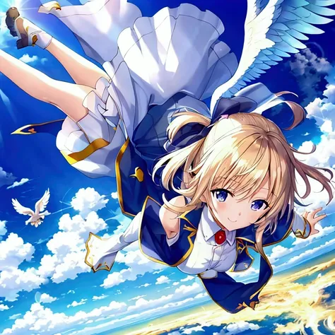 best qualith, a puppy flying in the sky, wing, cloud, sun, blue sky, anime, official art,