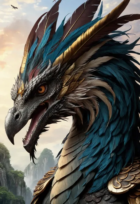 ((Highest quality)), ((masterpiece)), (detailed), One giant dragon+Giant bird feather+Bird face+spirit+Phoenix