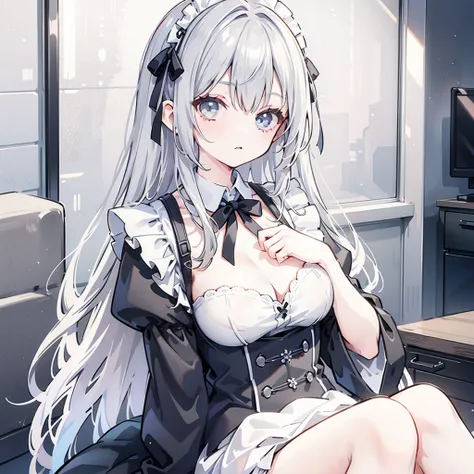 masterpiece, best quality, high resolution, absurd, 8K, 4K, Official Art,, , (flat_color:0.9),, , 1 Girl, Large target_breast, Maid, Gray hair, , ,  