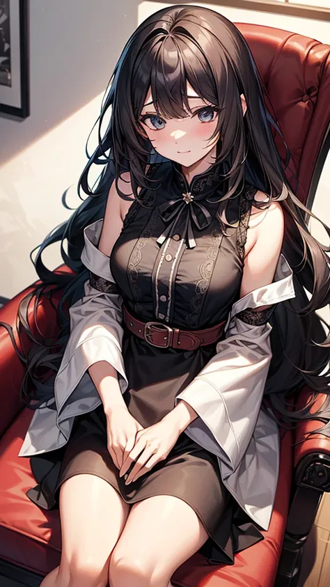 ((Highest quality)), ((masterpiece)), (detailed)　Cowboy Shot,　黒髪Long Hair　｛{{slitの入ったロングスカート}}｝　Contemporary mature adult woman sitting in chair　officeカジュアル｛{{スレンダーなofficeレディ}｝Exposing shoulders　深いslitの入った膝下スカート　Long Hair　｛{{No sleeve}}｝office　｛{{No sleeve...