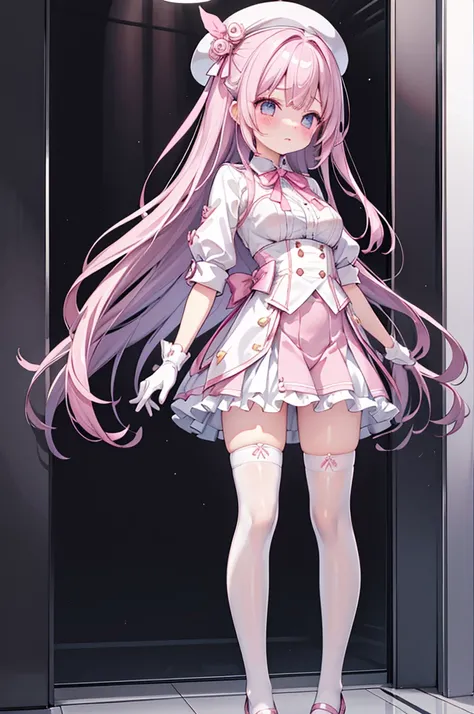 Highest quality、Elevator Girl、A short formal jacket in shiny silk in pink、White blouse with ribbon、See-through、Short tight skirt、Hard fabric with little elasticity、A small round hat with a ribbon、Skinny、White gloves、White over-the-knee socks、Flushed Cheeks...