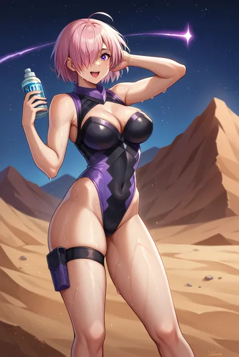 nsfw,score_9, score_8_superior, score_7_superior, sauce_Anime BREAK 1 Girl, alone, View your viewers, Detailed Background,  Mash Kyrielight, Pink Hair, Hair on one eye, Super big breasts, leotard, The chest is exposed,The navel is exposed, Thigh straps, El...