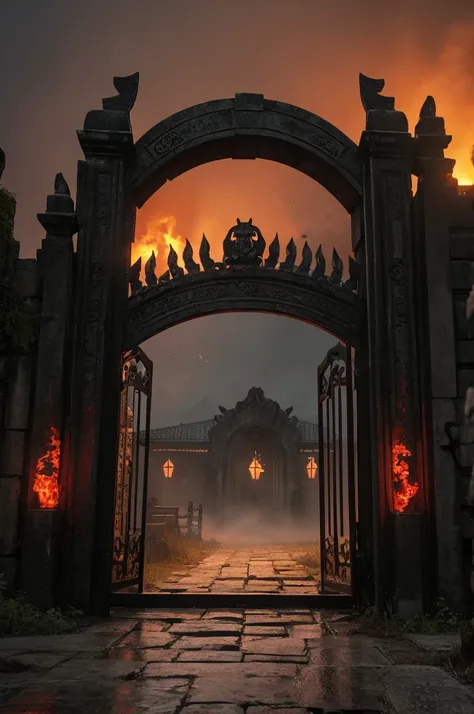 Create a terrifying scene of the gates of hell. The gate is tall and ancient, made of rusted metal with black and dark red corrosion. The surface of the gate is covered with bloodstains and deep claw marks. Above and around the gate, there are eerie faces ...