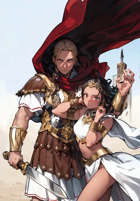 gladiator romana comforts the damsel in distress and they share a tender moment together, 1girl, 1boy, dark skin, knife, cape, weapon, black hair, jewelry, holding, armor