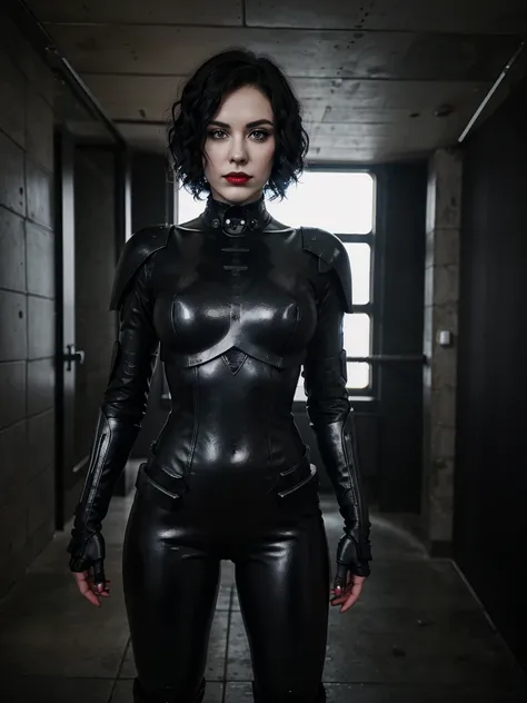 A full body shot of a young goth woman, short black curly hair, slightly smiling, one raised eyebrow, wearing a black metal cyborg suit , red lips, dark eye makeup, dark future battlefield background,
