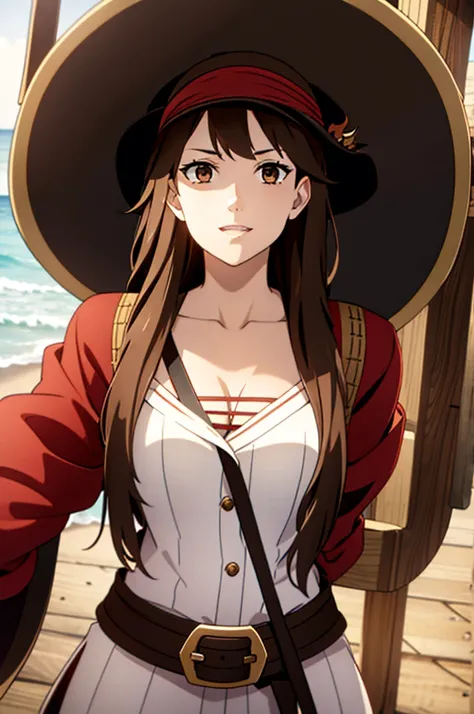 1 female, medium length brown hair, hazel eyes, wearing pirate outfit, at the helm of a pirate ship, wearing straw hat with red band, wearing straw hat