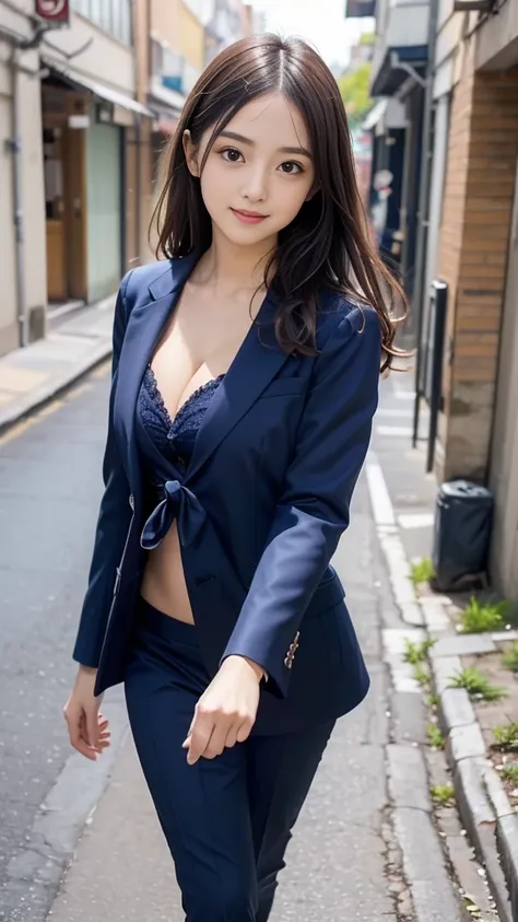 (((A beautiful girl walking down an alley in a neat navy blue suit:1.3))), (8k, RAW Photos, Highest quality, masterpiece:1.2), ((Beautiful girl alone)), Looking at the audience, Viewed from the front, Beautiful white skin, knees, Absurd face is small, Part...