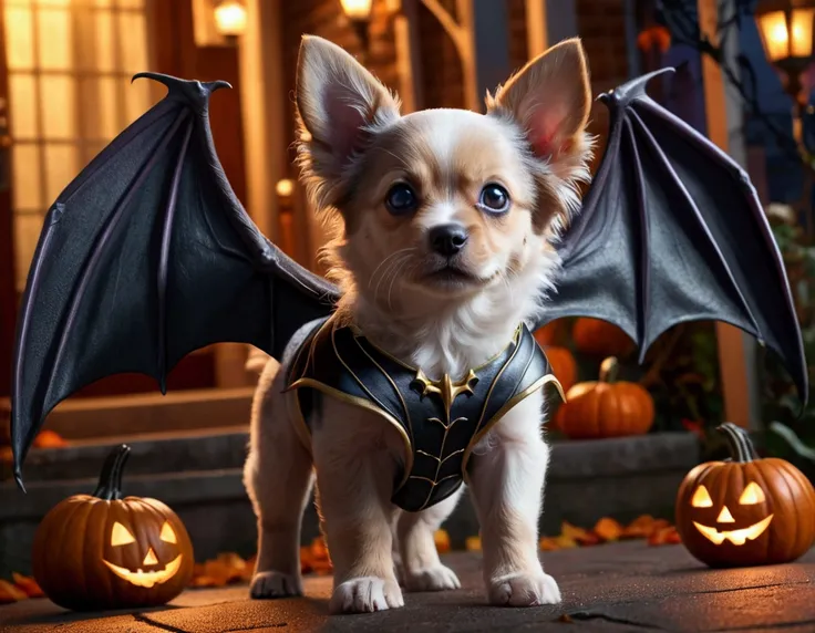 a cute puppy with bat wings, halloween night, chasing a girl in a princess costume, 1 puppy, 1girl, extremely detailed, highly detailed, 8k, photorealistic, realistic lighting, beautiful detailed eyes, beautiful detailed lips, incredible detail, intricate ...