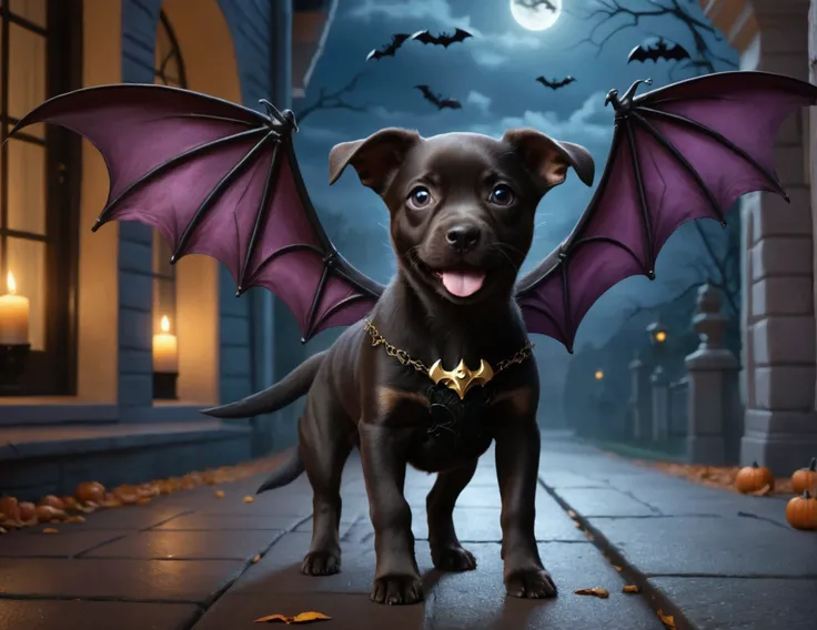 a cute puppy with bat wings, halloween night, chasing a girl in a princess costume, 1 puppy, 1girl, extremely detailed, highly detailed, 8k, photorealistic, realistic lighting, beautiful detailed eyes, beautiful detailed lips, incredible detail, intricate ...