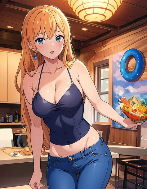 (masterpiece, Highest quality),Browsing Caution,Cartoon photo of a woman in a bikini top and jeans, Anime Drawings, Self-sastructing art, Enchanting anime girl, Nami One Piece:1.7, Biomechanical , Nami from One Piece:1.9, 3dcg, I also make fan art, top rat...