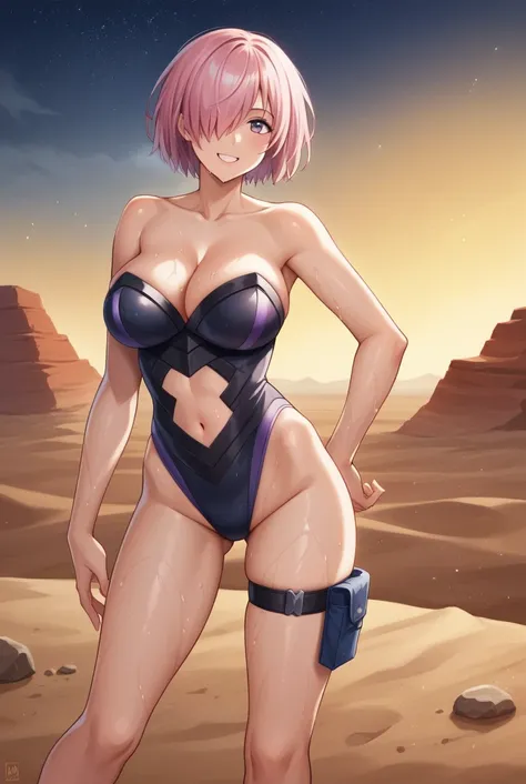 nsfw,score_9, score_8_superior, score_7_superior, sauce_Anime BREAK 1 Girl, alone, View your viewers, Detailed Background,  Mash Kyrielight, Pink Hair, Hair on one eye, Super big breasts, Glossy skin,leotard, The chest is exposed,The navel is exposed, Thig...