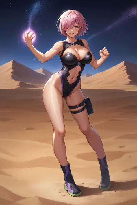 nsfw,score_9, score_8_superior, score_7_superior, sauce_Anime BREAK 1 Girl, alone, View your viewers, Detailed Background,  Mash Kyrielight, Pink Hair, Hair on one eye, Super big breasts, Glossy skin,leotard, The chest is exposed,The navel is exposed, Thig...