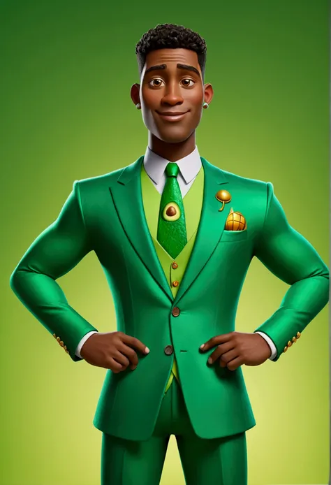 Character from the film in Disney Pixar 3D style, a tall, strong young man with light green skin  , wearing an avocado green king&#39;s outfit with a proud face and emerald green eyes, 8K quality vibrant colorful background 