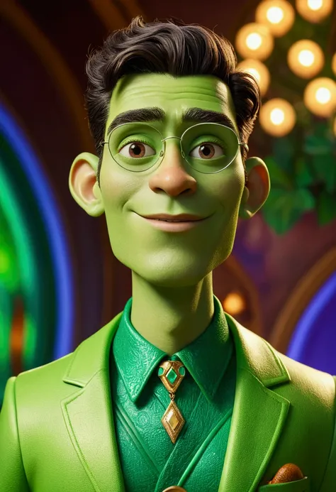 Character from the film in Disney Pixar 3D style, a tall, strong young man with light green skin  , wearing an avocado green king&#39;s outfit with a proud face and emerald green eyes, 8K quality vibrant colorful background 