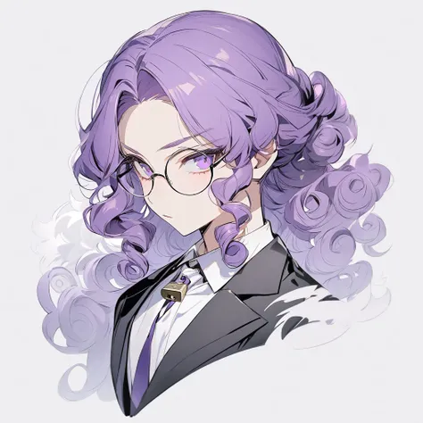 Man in suit with curly hair parted elegantly like a lock,purple hair In a bun with very curly ends ,black suit,Lighter purple eyes, with round glasses