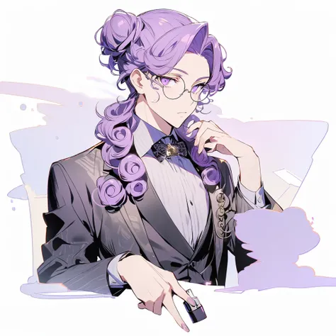 Man in suit with curly hair parted elegantly like a lock,purple hair In a bun with very curly ends ,black suit,Lighter purple eyes, with round glasses