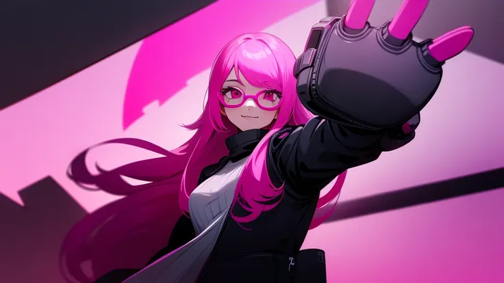 Smiling girl with long pink hair and black prescription glasses cyberpunk pink eyes