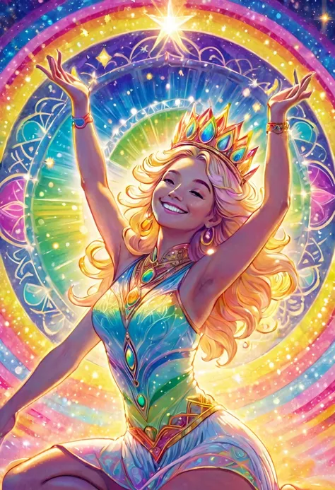 close-up, Goddess in the light of a large chakra mandala, shining, yoga, crown, smile, meditation, enlightenment, inspiration, shooting star, pastel colored rainbow light