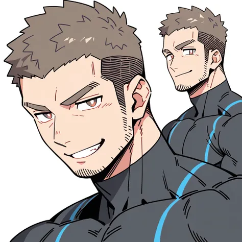 anime characters：Priapus, Muscle Sports Student, Buzz Cut, Manliness, male focus, Sports tight hooded sweatshirt, Wear a high-necked tights underneath, Very tight, full and perky chest muscles, muscular male, muscular, only, Upper body, alone, Red short ha...