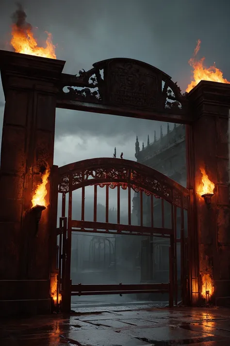 Create a highly realistic CG scene of the gates of hell. The gate is enormous and ancient, constructed from rusted metal with intricate, dark red and black corrosion patterns. The surface of the gate is marred by bloodstains and deep, jagged claw marks. Ee...