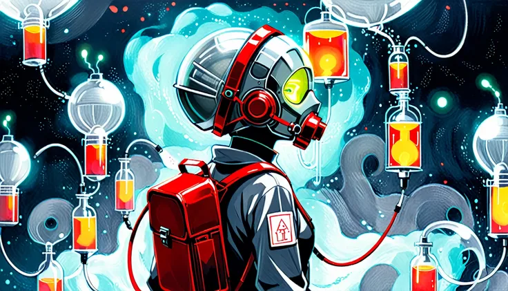 (in style of Catherine Hyde:1.4),
1 Girl,gray sailor suit,respirator masks,glowing eyes,the oxygen cylinder is on its back,from the side,fluorescent luminescent liquid,insert 2 tubes in front of you,futuristic style,(a red square metal backpack with a weir...