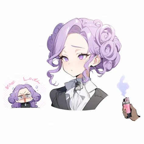 Man in suit with curly hair parted elegantly like a lock,purple hair In a bun with very curly ends ,black suit,Lighter purple eyes,guy who wants penis 