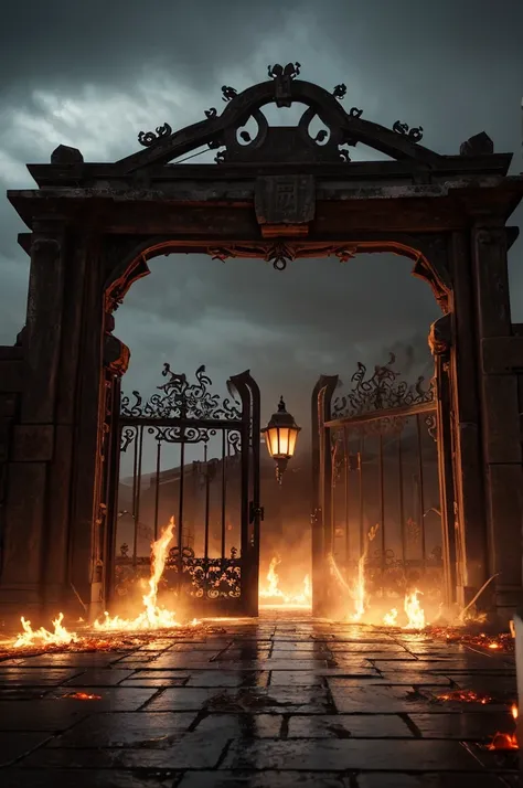 Create a highly realistic CG scene of the gates of hell. The gate is enormous and ancient, constructed from rusted metal with intricate, dark red and black corrosion patterns. The surface of the gate is marred by bloodstains and deep, jagged claw marks. Ee...