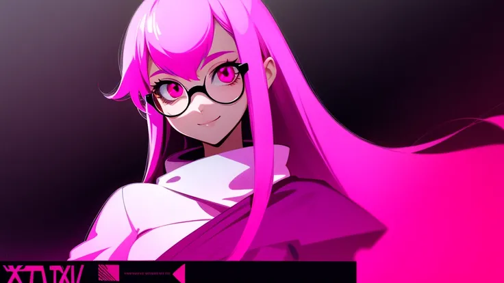 Smiling girl with long pink hair and black prescription glasses cyberpunk pink eyes