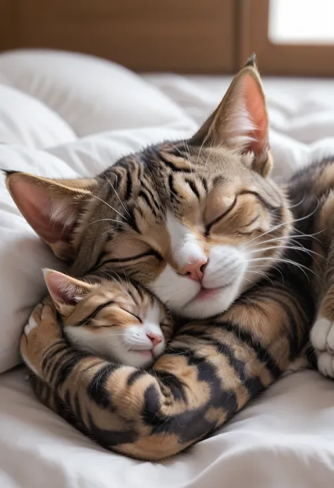 
"A cute tabby cat sleeping in someones arms. The cat has a white nose and white-edged ears, with a relaxed expression. The background has a sparkling, star-like effect."