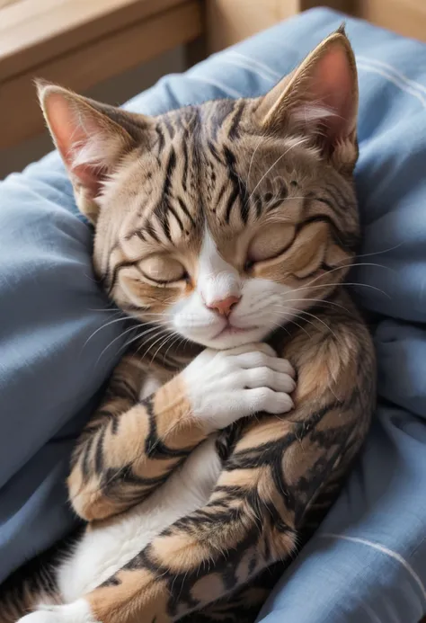 "a cute tabby cat sleeping in someone's arms. the cat has a white nose and white-edged ears, with a relaxed expression. the back...