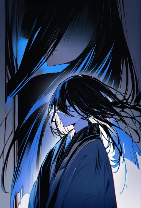 Japanese。male。Sharp Eye。Very long black hair。profile。Plain blue kimono(Dressed in kimono)。A strong wind blows my hair back。Cover your eyes with hair。The background is blue light。Stand up straight。An illustration。picture。