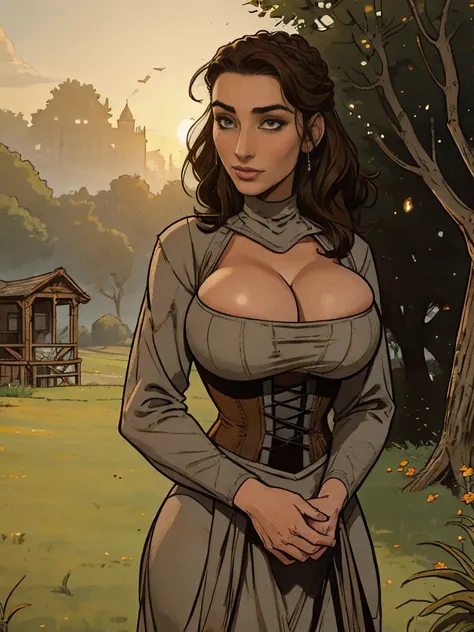 Gorgeous and sultry busty athletic (thin) brunette peasant with sharp facial features wearing a modest updo, medieval hair cover, grey and brown medieval dress, long sleeves, wide neck, long dress, tight bodice, corset, Middle Ages, cottage, farm, exterior...