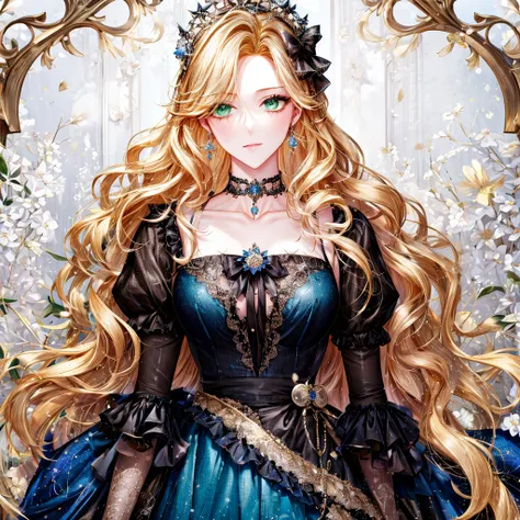 shoujo-style, (floral background, Romance Manhwa), 3girl, blonde hair, solo, long hair, flower, dress, tiara, white dress, gloves, long sleeves, choker, green eyes, mascara, makeup, white gloves, black bow, black flower, wavy hair, bow, Good, jewelry, look...