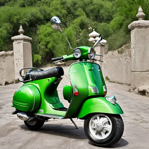 create image real Vespa with Hulk skin theme and mask shape, on the valley, realism, photorealistic, detailed visuals