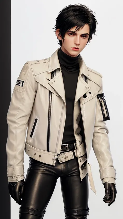 Final fantasy taste and reality graphics, Japanese young cute and cool ikemen  boy, his age is early 20s, thin eyebrows and beady eyes,  ((he wearing off white color leather  thick material jacket)), ((jacket is singlebrest)), biker style jacket, with epau...