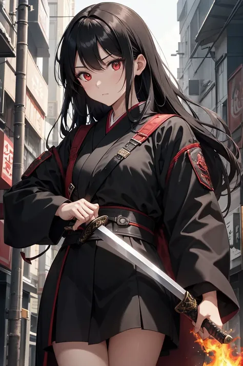 One girl, Japanese , She has long, straight black hair, Red eyes and a look of evil determination. She wears a black and red modern Japanese  and a long black coat. Walking down the street. Holding a sword. The sword is engulfed in flames. Vibrant appearan...