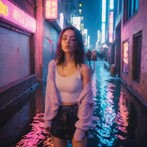 xxmixgirl, 1girl wet tshirt look sexy, splash detailed, surreal dramatic lighting shadow (lofi, analog), kodak film by Brandon Woelfel Ryan McGinley, Futuristic city with neon wash and cyberpunk atmosphere