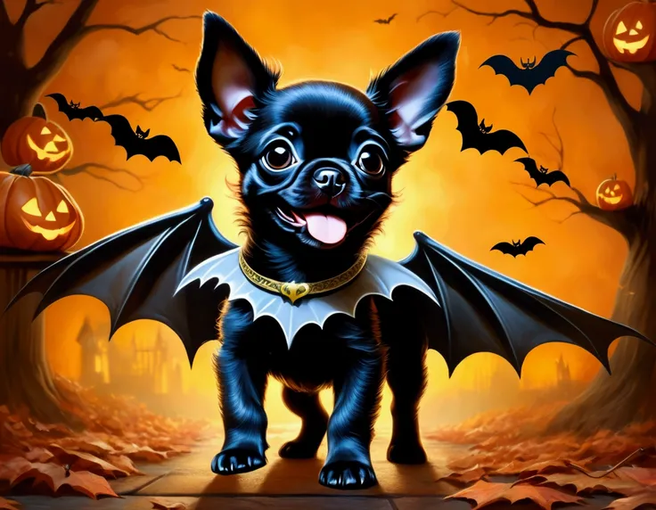 A puppy with bat wings, Halloween night, looking cute as he chases a in a princess costume
