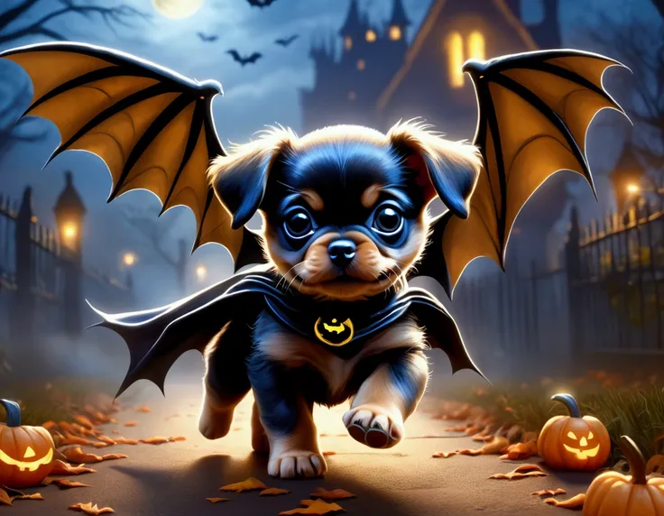 A puppy with bat wings, Halloween night, looking cute as he chases a in a princess costume
