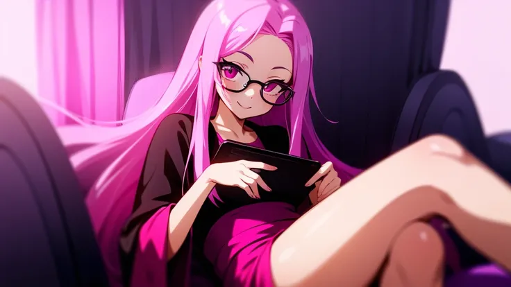 Smiling girl with long pink hair and black prescription glasses pink eyes sitting