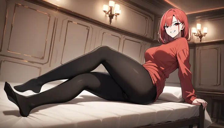 (work of art, best qualityer:1.2), standing alone, 1 girl, Yor Forger, Lewd, Eyes red, gazing at viewer, cocked ass, sexly, Broad Hips, red sweater, black leggings, beautiful smiling, Lots of erotismo, sitting, Relaxed